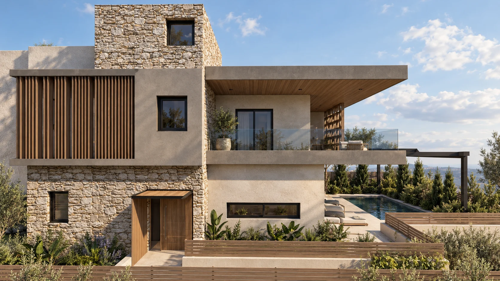Front of the house with a stone tower and timber slats, Ano Glyfada Residence, Ano Glyfada – IDYLI Architects