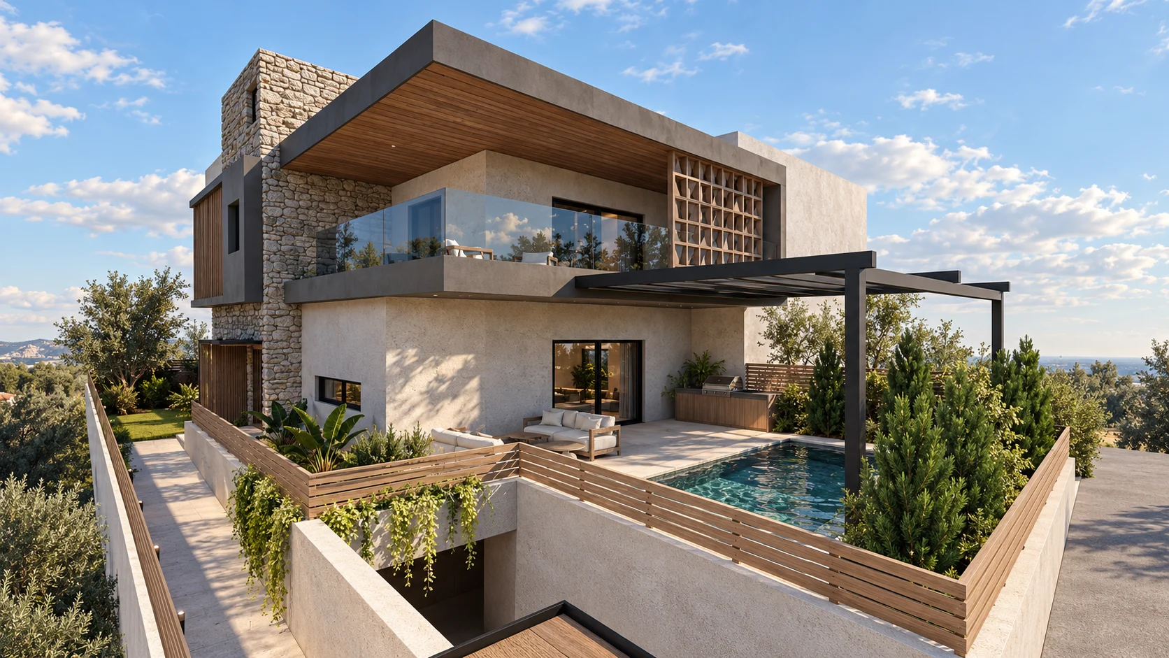 The house, its terraces and the pool from above, Ano Glyfada Residence, Ano Glyfada – IDYLI Architects
