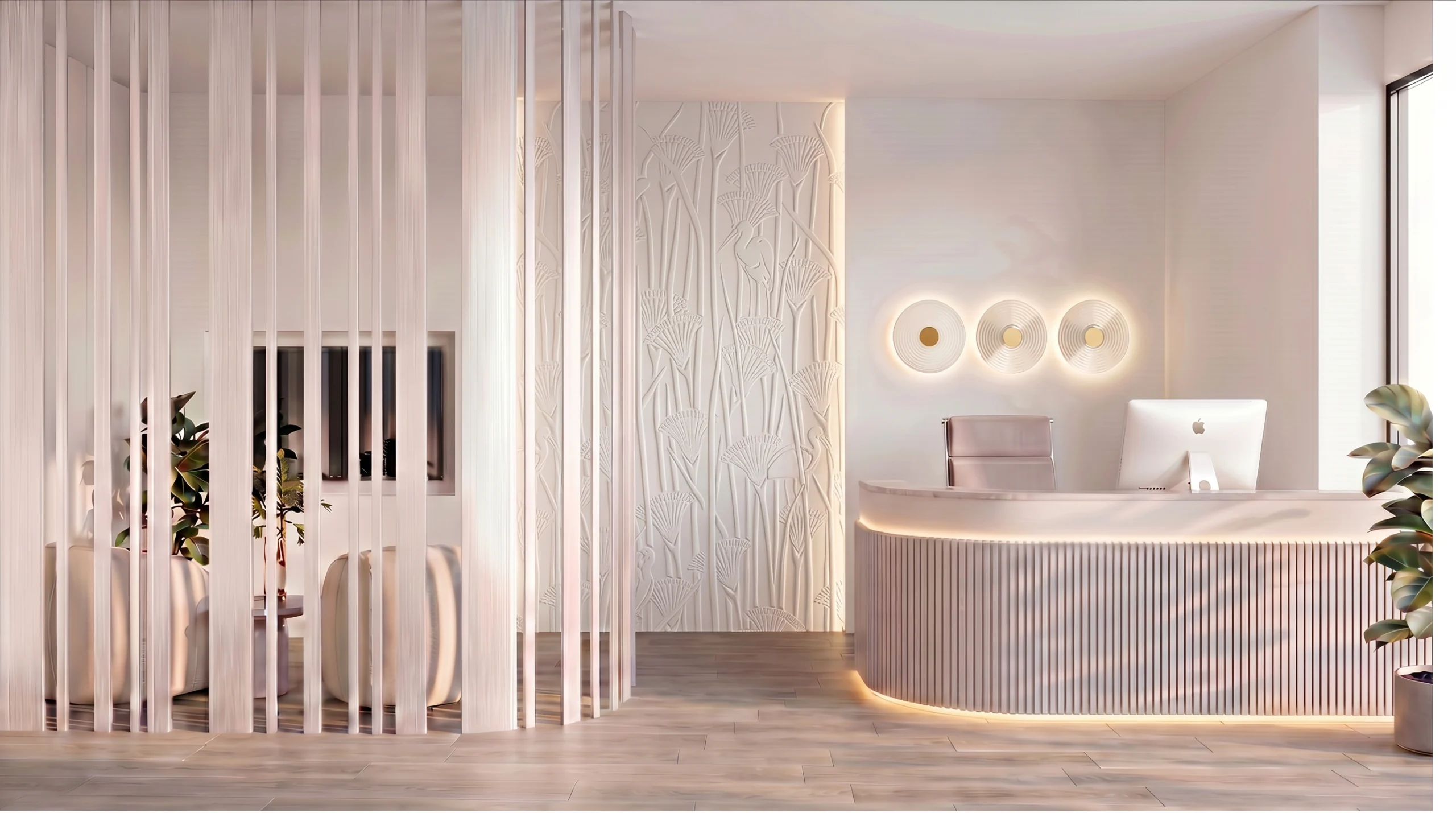 Reception with a curved desk behind vertical slats, Gynecology Clinic, Marousi – IDYLI Architects