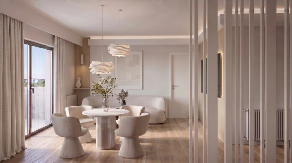 Waiting area with a round table and sculptural pendants, Gynecology Clinic, Marousi – IDYLI Architects