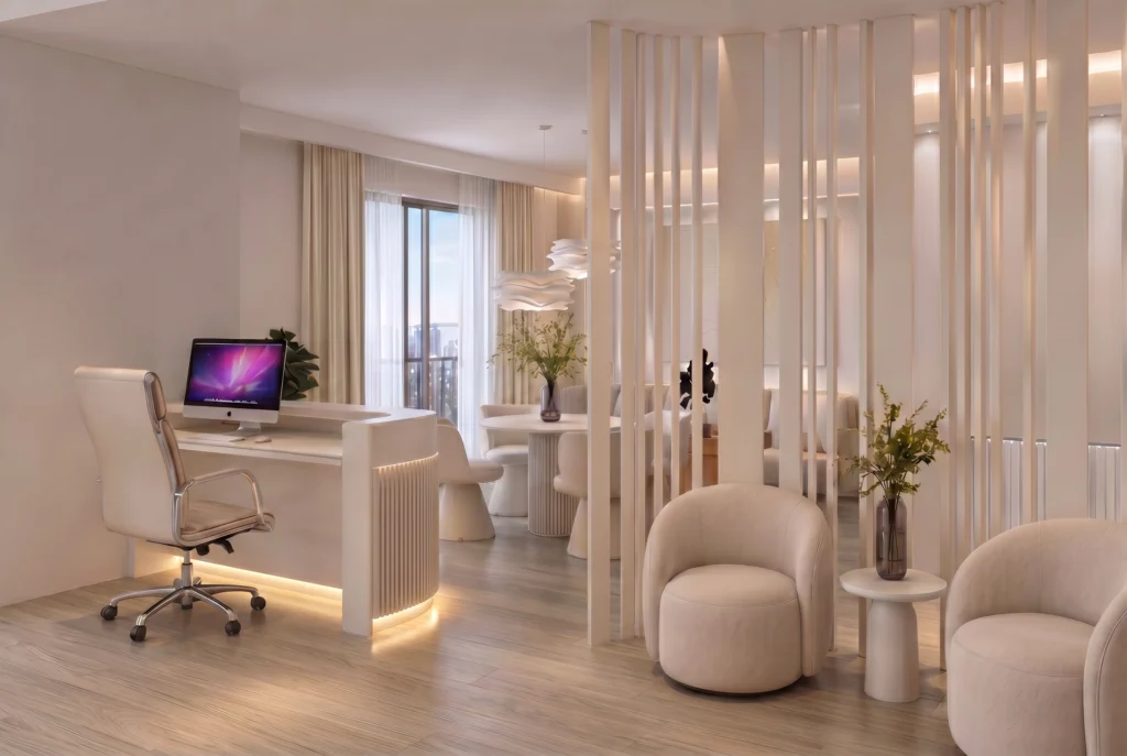 Consultation desk beside soft armchairs, Gynecology Clinic, Marousi – IDYLI Architects