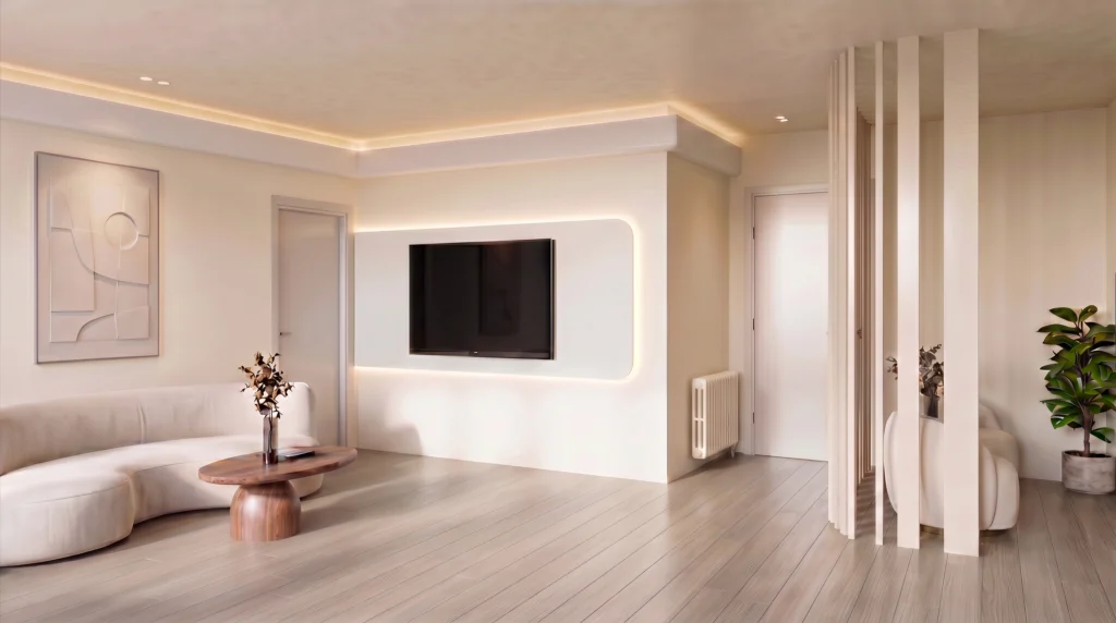 Curved sofa under a softly lit wall, Gynecology Clinic, Marousi – IDYLI Architects