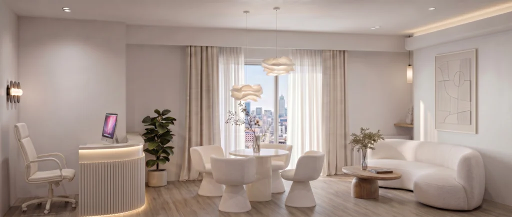 Open lounge with a round table by the windows, Gynecology Clinic, Marousi – IDYLI Architects