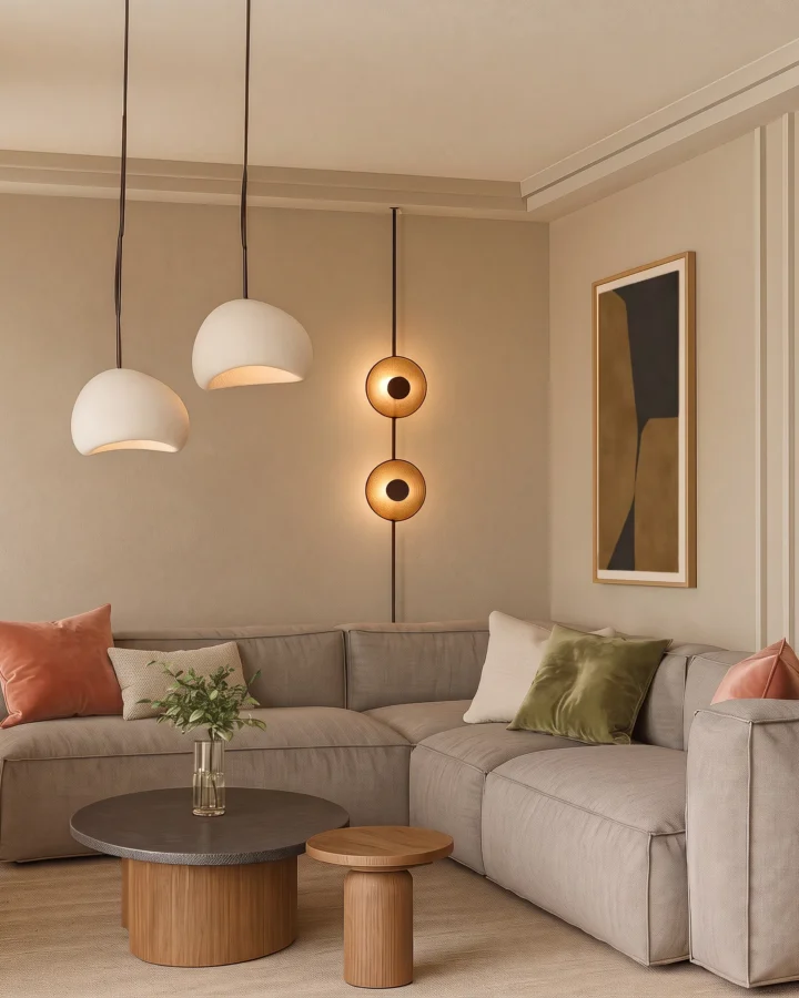 Living room with pendant lights and wall sconces, Koilada Residence, Koilada – IDYLI Architects