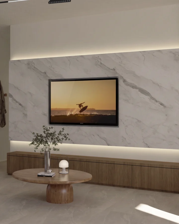Marble TV wall and round coffee table, Patisia Residence, Patisia – IDYLI Architects