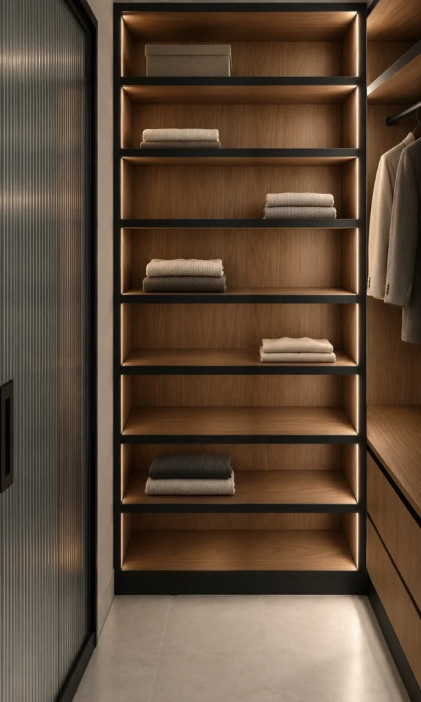 Walk-in wardrobe in dark wood and black metal, Patisia Residence, Patisia – IDYLI Architects