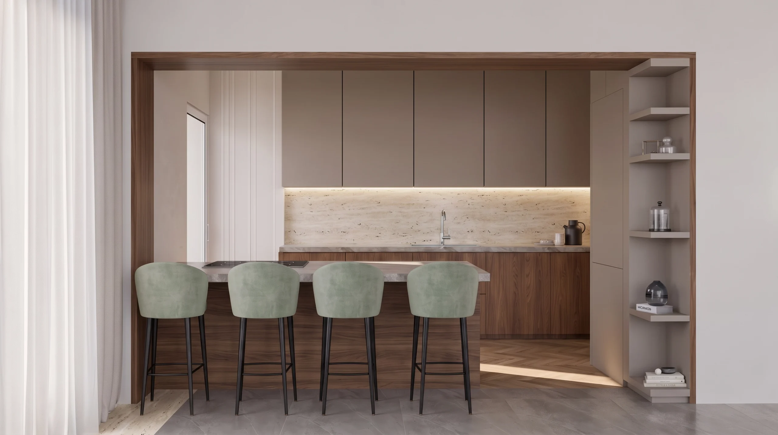 Kitchen island with sage-green stools, Patisia Residence, Patisia – IDYLI Architects