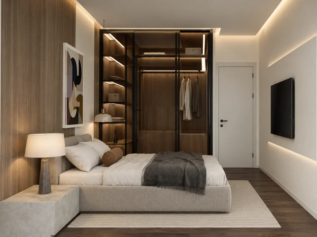 Main bedroom with a lit wardrobe behind glass, Patisia Residence, Patisia – IDYLI Architects