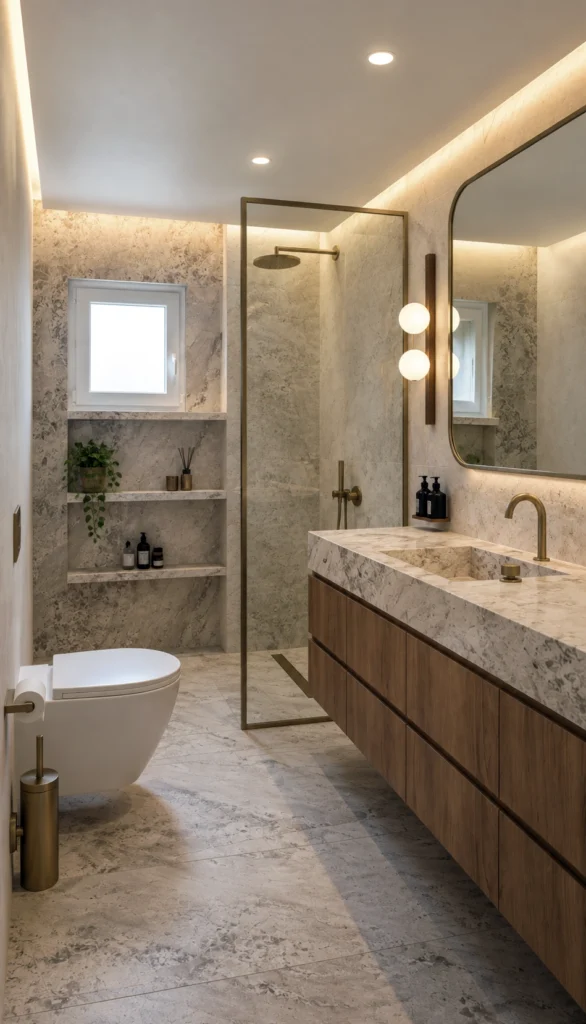 Bathroom with a freestanding bathtub and stone finishes, Patisia Residence, Patisia – IDYLI Architects