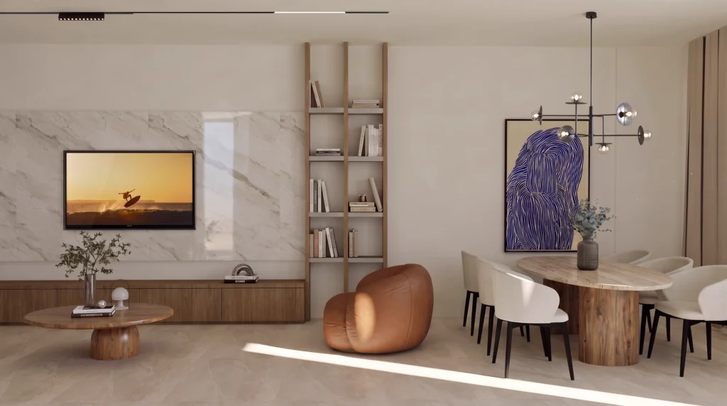 Living room and dining table under a sculptural pendant, Patisia Residence, Patisia – IDYLI Architects