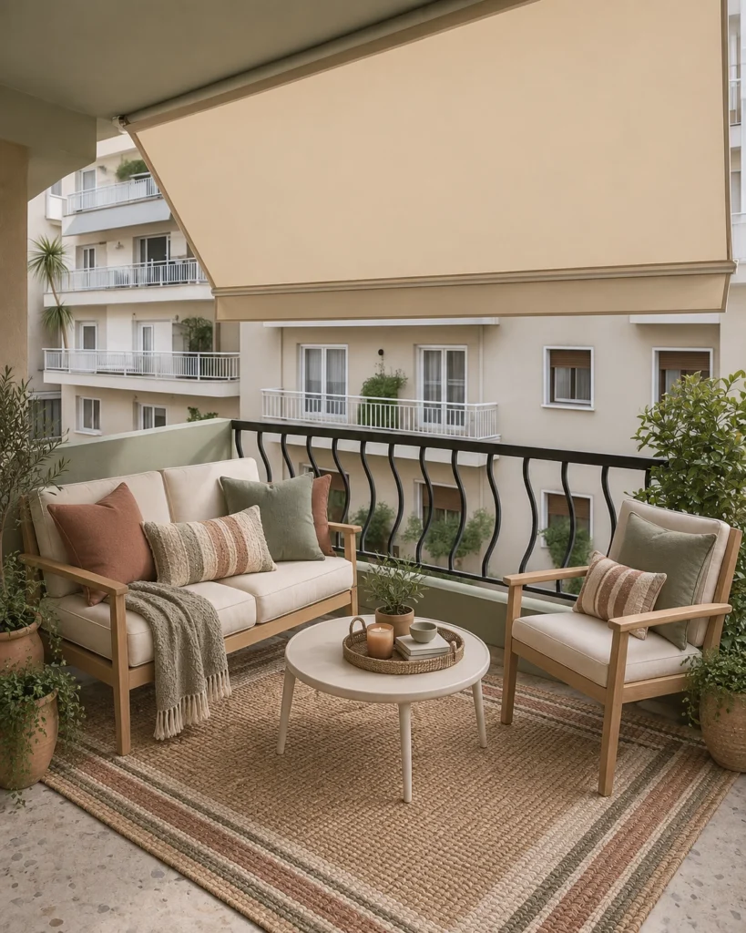 Balcony with wooden armchairs and earthy textiles, Patisia Residence, Patisia – IDYLI Architects