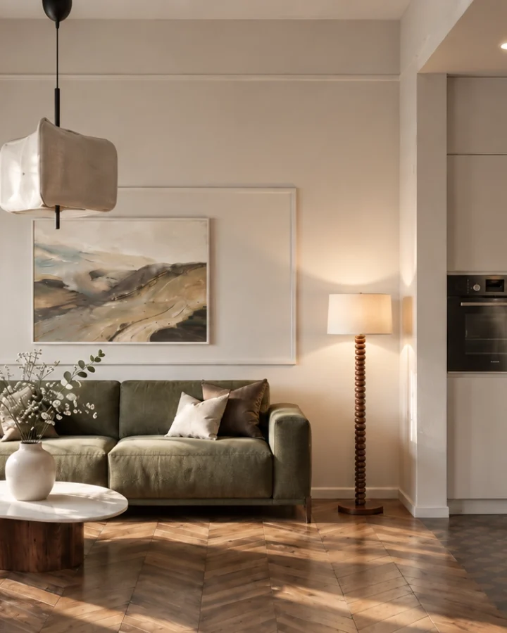 Living room with an olive-green sofa and open kitchen, Piraeus Heritage Apartments, Piraeus – IDYLI Architects
