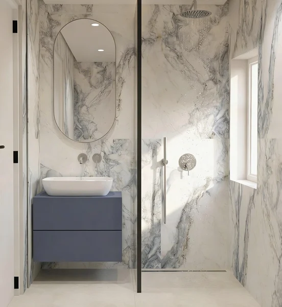 Marble bathroom with a blue vanity, Piraeus Heritage Apartments, Piraeus – IDYLI Architects