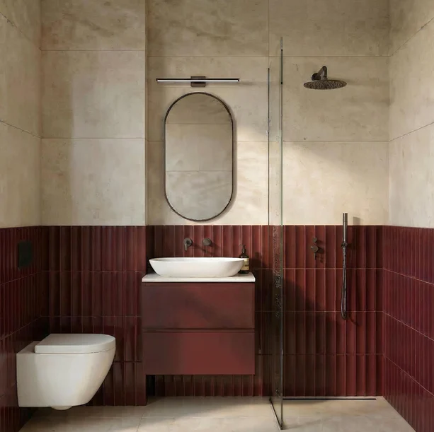 Bathroom with deep red ribbed tiles, Piraeus Heritage Apartments, Piraeus – IDYLI Architects