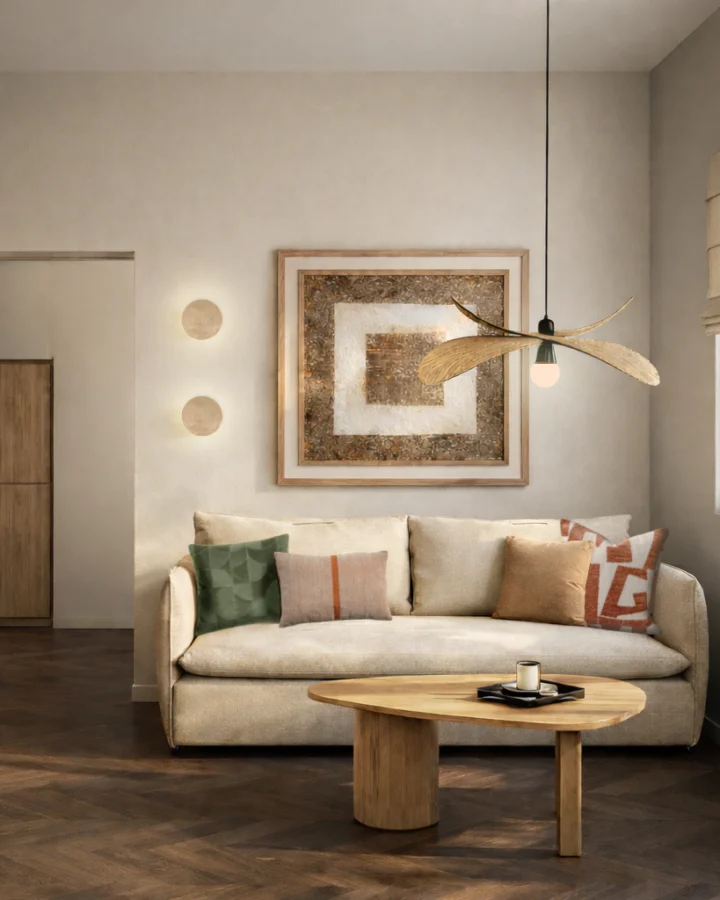 Sofa, oak coffee table and sculptural pendant, Sandcastle Apartments, Porto Heli – IDYLI Architects