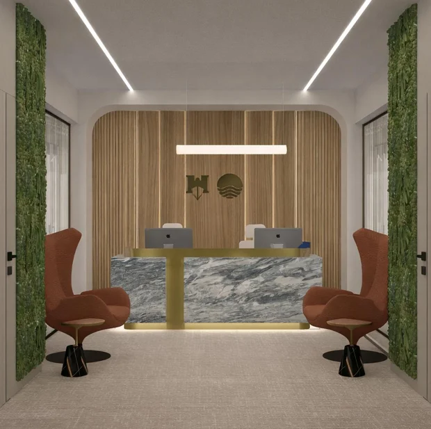 Reception desk in veined marble, Shipping Company Offices, Piraeus – IDYLI Architects