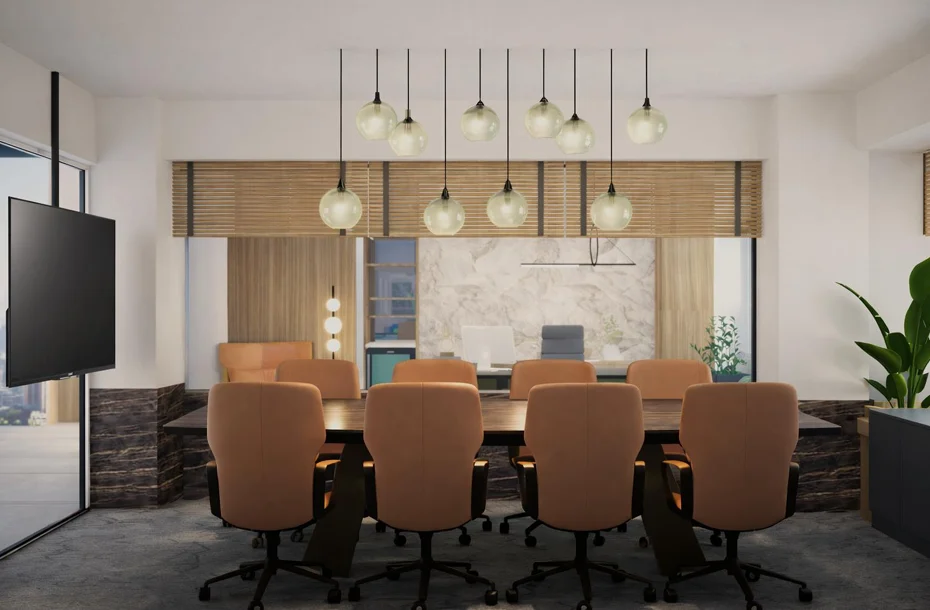 Boardroom under a row of glass pendants, Shipping Company Offices, Piraeus – IDYLI Architects