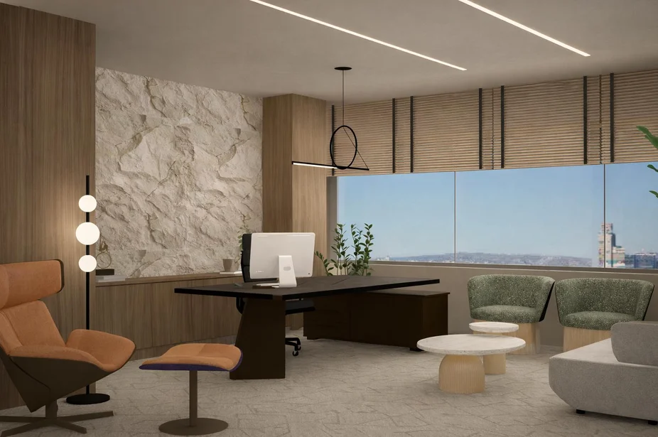 Executive office with a marble wall and lounge area, Shipping Company Offices, Piraeus – IDYLI Architects