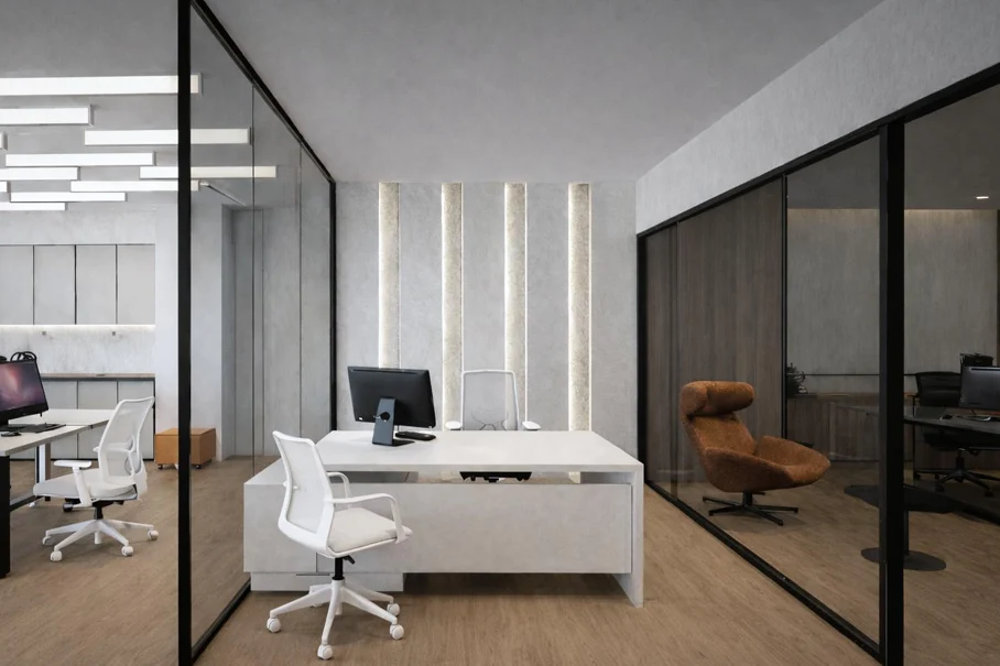 Open-plan office with black-framed glass partitions, Shipping Company Offices, Piraeus – IDYLI Architects