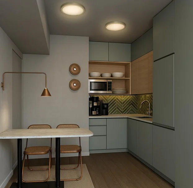 Staff kitchen in sage green, Shipping Company Offices, Piraeus – IDYLI Architects
