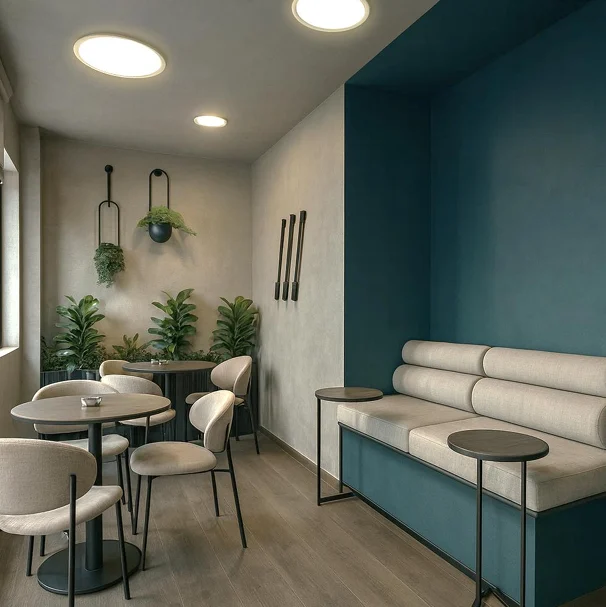 Break area with a petrol-blue banquette, Shipping Company Offices, Piraeus – IDYLI Architects