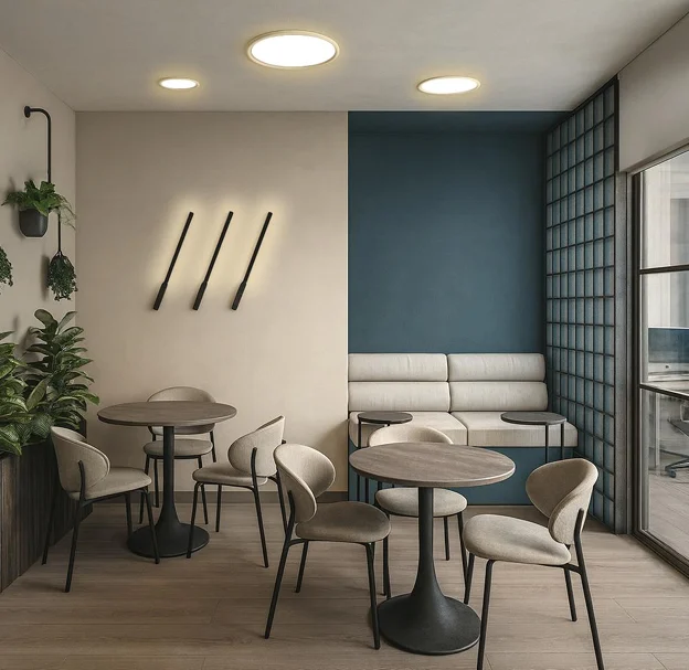 Café tables in the break area, Shipping Company Offices, Piraeus – IDYLI Architects