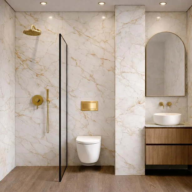 Washroom in white marble and brushed gold, Shipping Company Offices, Piraeus – IDYLI Architects
