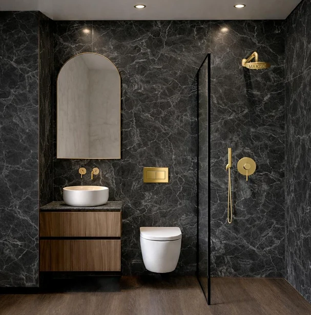 Washroom in black marble, Shipping Company Offices, Piraeus – IDYLI Architects
