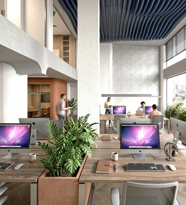 Open-plan offices with plants under a wave ceiling, Webartstudio Offices – IDYLI Architects